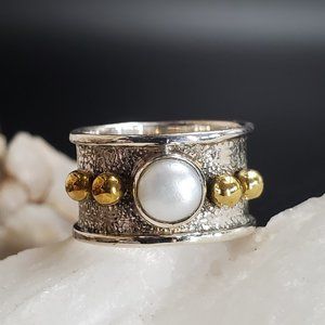Solid Sterling Silver 925/14 kt Gold Ring Pearl